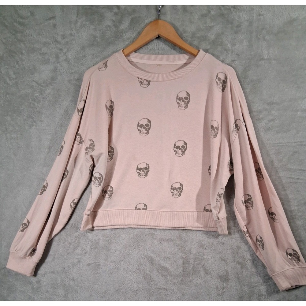 Z Supply Pink Skull Sweatshirt L/XL Oversized Pastel Goth Crop Pullover Slouchy